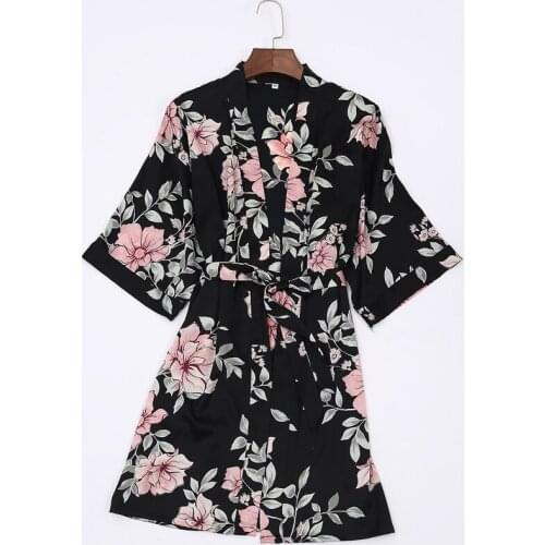 Cardigan Floral Printed Short Robe Loose Causal Women Kimono Gown V-neck Waistband Sleepwear Summer Faux Silk Simple Nightwear