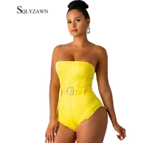 Women Sexy Denim Bodycon Bandage Belt Bodysuit Streetwear Blue Yellow Jean Backless Zipper Romper Club Skinny Sleeveless Overall