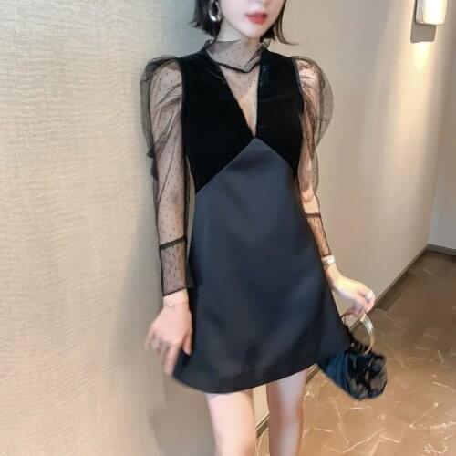 2021 Fashion Womens Stand Collar Perspective Mesh Sexy Stitching Ladies Temperament Dress Women