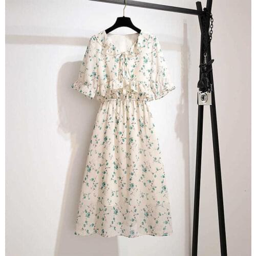 2021 new French short-sleeved v-neck dress summer western style floral chiffon temperament casual dress western style