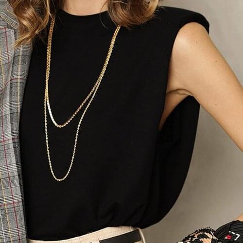 New Shoulder Padding Vest Shirt Women Fashion Vintage Shoulder Padded Tank Top Soft Cotton Fashion Casual Solid Sleeveless Shirt