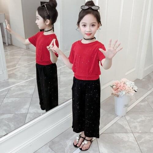 2020 Girls Summer Clothes Set Children Short Sleeve Sequined T-shirt+Pants Kids Sport Suits Girl Clothing Sets 4 6 8 10 12 Years