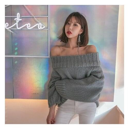 2020 Fashion Slash-neck Full Sleeve Knitted Sweater Women Shoulder Elastic Knitted Pullovers Femme Sexy Off-shoulder Jumper