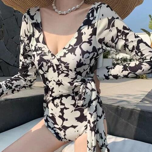 2021 Sexy One Piece Swimsuit Long Sleeves Women Print V-Neck Swimsuit Bodysuit Bathing Suit Swim Wear