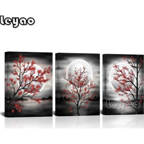 3 pcs Red Tree And Moon Lake Landscape Triptych Diamond Painting Cross Stitch Art Diamond Mosaic Bead Picture Kits Handmade Gift
