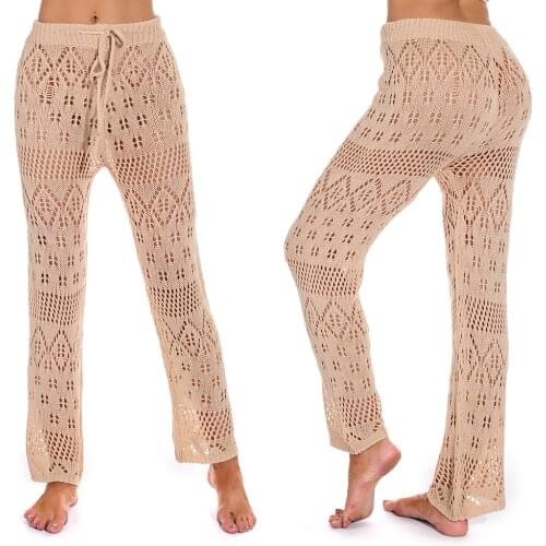 Long Solid Fashion Summer Cover Up Crochet Knitted Beach Holiday Breathable Out Wide Leg Loose Women Pants Sexy