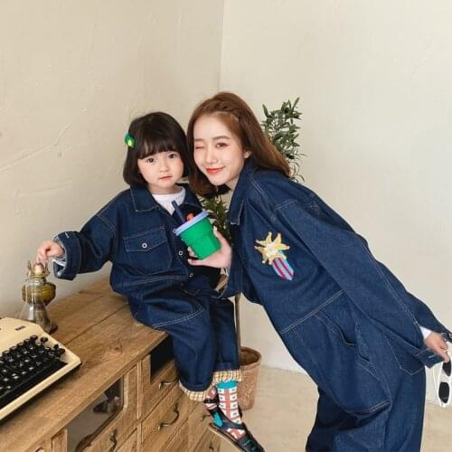 Denim One Piece Jumpsuit Outfits Parent-Child Girl Long-Sleeve Clothing for Mother Kids Family Matching Mother Daughter Clothes
