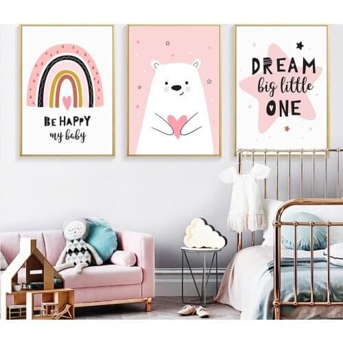 Love Bear Pink Rainbow Happy Dream Nursery Canvas Painting Wall Art Prints Poster Picture Girls Bedroom Home Decoration No Frame