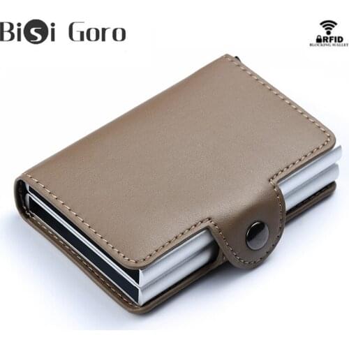 BISI GORO Top Quality PU Leather Smart Wallet Aluminum Double Boxes Credit Card Holder Anti-theft RFID Business New Short Purse