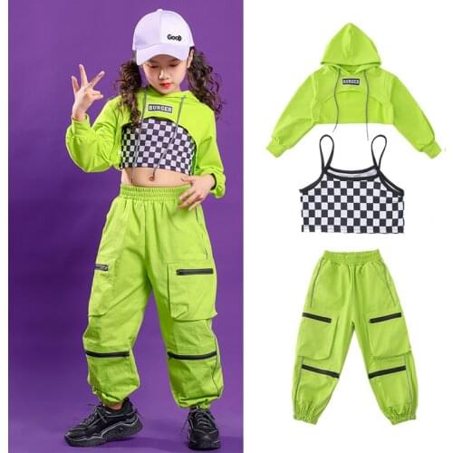 New Girls Jazz Dance Costumes For Kids Green Hiphop Suit Rave Clothes Ballroom Hip Hop Dancing Clothes Street Dancewear DQS6758