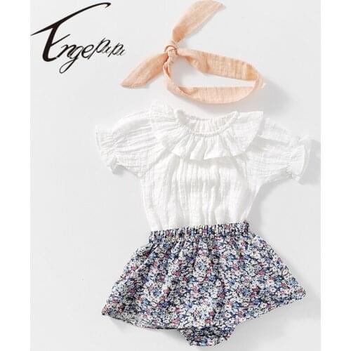 Engepapa Korean Style Summer Infant Baby Girls Clothing Suit Cotton Short Sleeve T-shirt+Shorts Skirt+Headdress