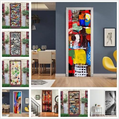 2pcs/Set Graffiti Wallpaper Door Stickers Self Adhesive Removable Bedroom Bathroom Doors Decoration Wall Decal Poster Home Decor