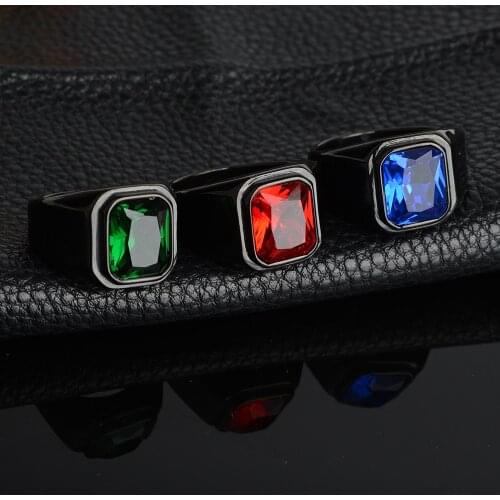 Not Fade Stainless Steel Gold Color Black Casual Men Ring Red Square CZ Stone Male Alliance Jewelry Size 6-13 Drop Shipping