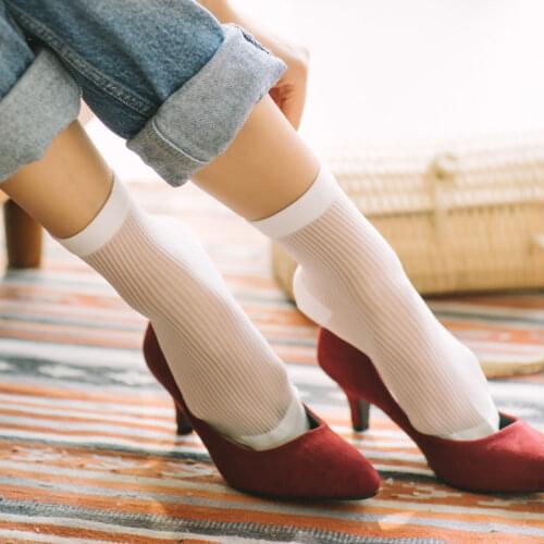 Japan Style Woman Socks Fashion Ultra-thin Transparent Crystal Silk Socks Casual Striped Harajuku Retro Summer Mesh Thin Socks