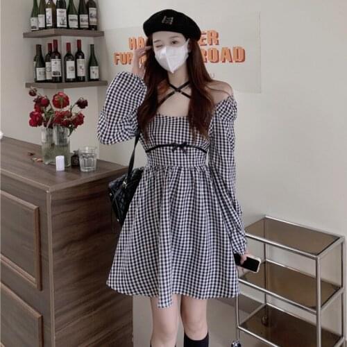Slim Plaid A-line Short Dress Sqaure Collar Chic Vintage Preppy Style Autumn Dresses Women Bow Fashion Female Clothing New