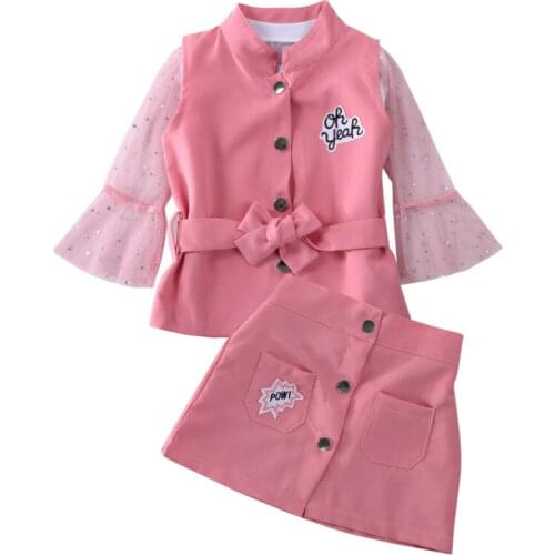 Pudcoco US Stock 1-5 Years 3PCS Kids Baby Girl Autumn Clothes Set Pink Mesh Sleeve Top Skirt Vest Coat Party Girl Outfit Clothes