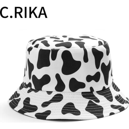 INS Star cute Black White Cow Bucket Hats Women Summer fishing hat Lady Two Side Fisherman hats girl Travel Panama cow print hat