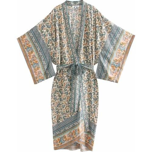 Women Florals Print Bat Sleeve Beach Bohemian Kimono Dress Ladies V Neck Tassel Summer Boho Robe Vestidos