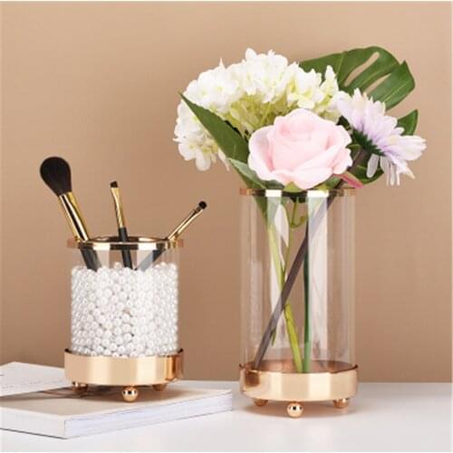 Modern Simple Flower Vase Transparent Glass Hydroponic Plant Vase Golden Edge Flower Pot Makeup Brush Holder Home Tabletop Decor