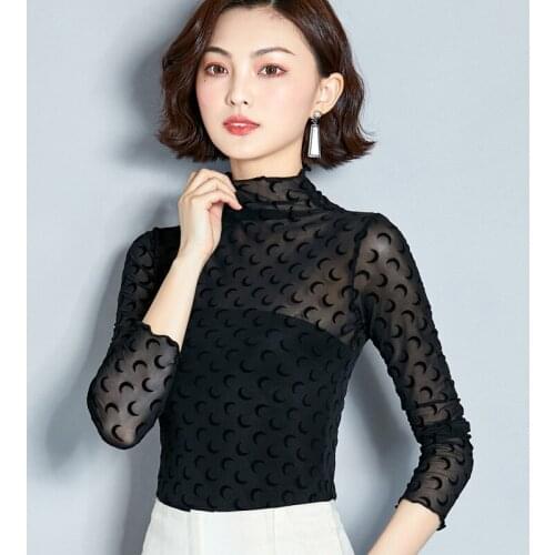 2021 New Blouse Women Long sleeve Sexy Fashion Mesh Shirts Female Half Turtleneck Shirt Bottoming Tops Black Femme Chemisier