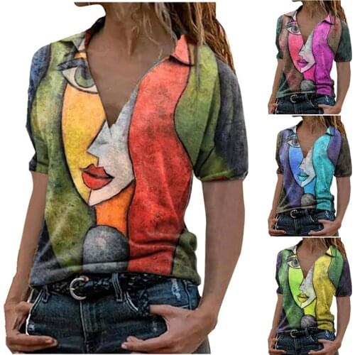 Womens Casual Loose Fashion Large Size T Shirt Summer Portrait Printing V Neck Short Sleeved Top Blusa De Frio Feminina Femme