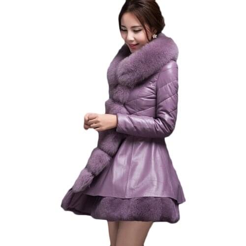 New Winter Jacket Women long Imitation Fox fur collar PU leather Jackets Womens Windproof Warm Leather Jackets Overcoat 6XL 1080