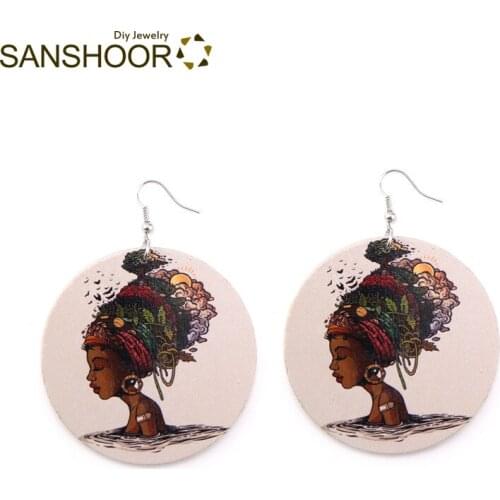 SANSHOOR Printed African Headwrap Woman Wood Drop Earrings Ethnic Jewelry For Women Gifts 1Pair