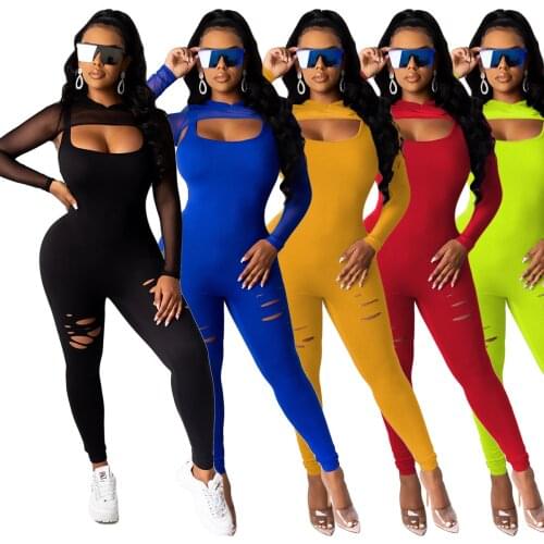 Sexy 2 Pieces Autumn Outfits For Women Trendy Mesh Hoodie Long Sleeve Crop Top + Hollow Out Tank Long Jumpsuit Matching Sets