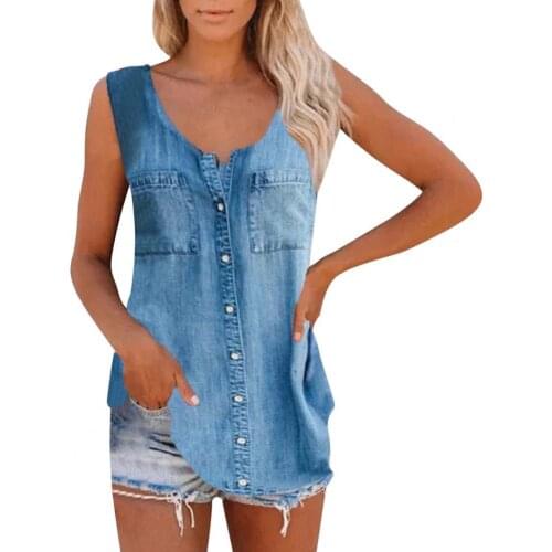 New Stylish Summer Women Harajuku Vest Single-breasted Sleeveless Pockets Loose Denim Blouse Top for Daily Life Streetwear