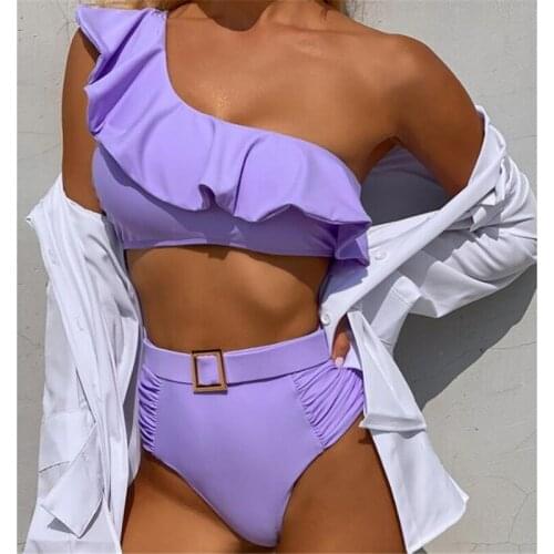 2021 newest Ladies Bikini Two-piece with Oblique Shoulder Design Ruffled Trim Sexy High Waist Summer Clothing for Summer