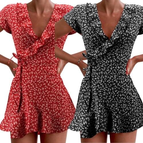 Summer Women’s Floal A-Line Dress Sweet Elegant Floral Ruffles V-neck Bandage Short Dress for Lady Chic Flowers Mini Dress