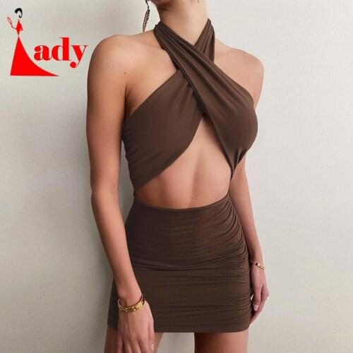 Women Sexy Hollow Bandage Cross Halter Dress Fashion Slim Sleeveless Clothing Street Lady Trend Mini Dresses 2021New