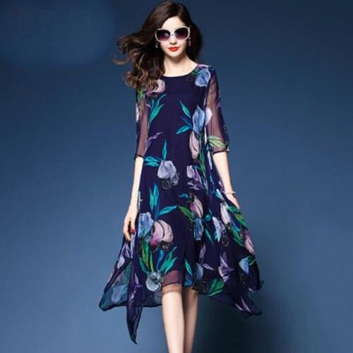 Woman summer knee-lenght chiffon dress women elegant dress and ladies dress O-Neck Vintage print dress for women