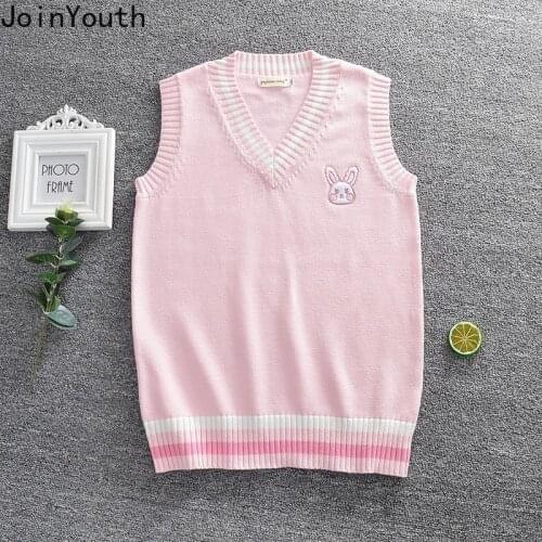 Joinyouth Sweater Vest Women Pink Small Rabbit Embroidery Pattern Waistcoat High School Japanese Cute Knitted Pullover Tank