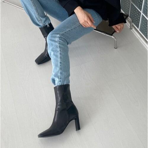 Winter Women Leather High Heels Square Toe WomenS Ankle Boots Sexy Night Club Shoes Woman White Orange Gray Black Size 33-42