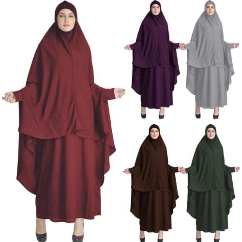 2 Piece Ramadan Khimar Muslim Women Prayer Set Dress Full Cover Islamic Burka Hooded Arab Jilbab Umrah Eid Abaya Worship Service