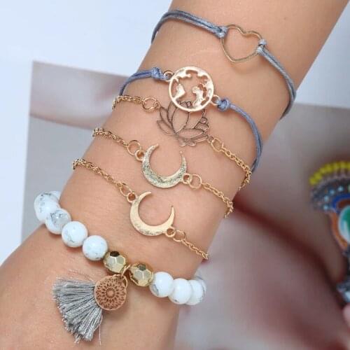 6Pcs/set Boho Bangle Flower Heart Moon Bow Acrylic Bead Bracelets Women Girl Charm Party Wedding Jewelry Gift pulseras mujer