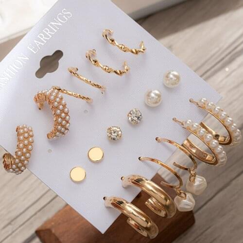 9Pcs/Set Fashion Gold Pearl Hoop Earrings Set For Women Vintage Metal Geometric Circle Drop Earrings 2021 Trend New Jewelry Gift