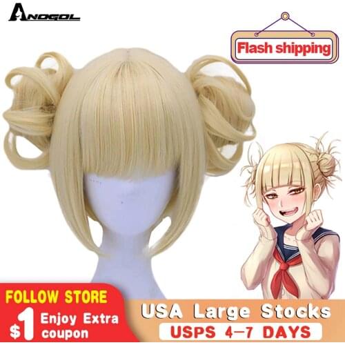 Anogol Double Ponytail Anime My Hero Academy Himiko Toga Cross My Body Short Straight Blonde Synthetic Cosplay Wig For Halloween