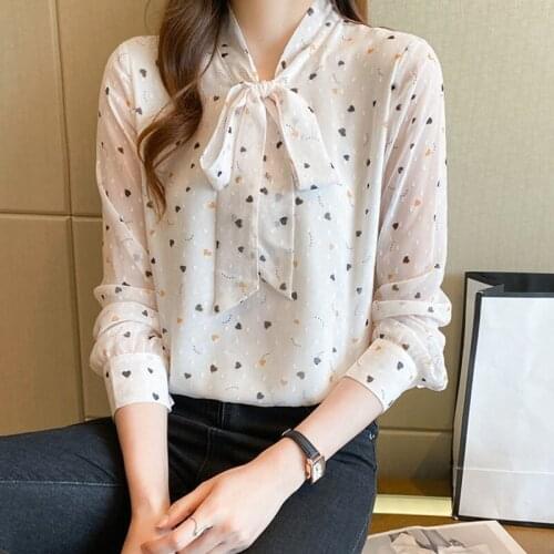 French Shirt And Blouse 2021 New Floral V-Neck Chiffon Womens Long Sleeve Fashion Bow Ribbon Top M278