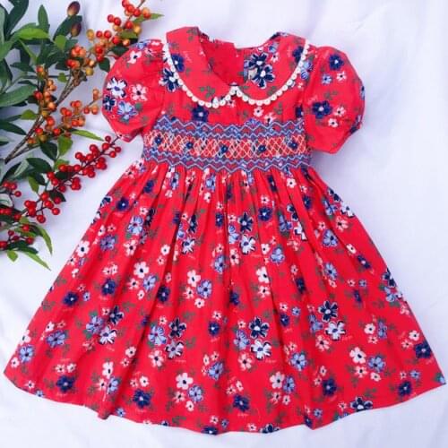Autumn baby girls smocked dress hand made embroidered cotton long sleeve kids children princess dress