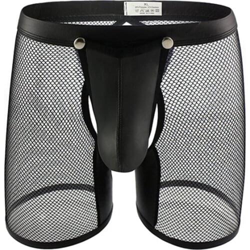 Erotic Men Underwear Shorts Lingerie Sexy Mesh Transparent PU Open Penis Bag Long Leg Boxer Shorts Open Butt Fetish Clubwear