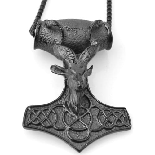 Personality Design Goat Hand Pendant Biker Stainless Steel Black Viking Rune Thor Hammer Amulet Box Chain Necklace Mens Jewelry