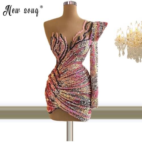 Sparkly Single Long Sleeve Cocktail Dress 2021 African V Neck Handmade Beading Short Evening Dress Party Gowns Custom Made Plus
