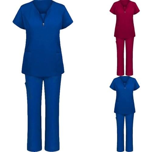 Scrubs Set For Women Solid Color Nurse Working Uniform Pocket Short Sleeve Blouse+Long Pants Two-piece Set медицинская одежда q5
