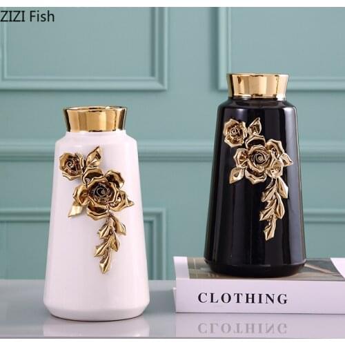 Creative Ceramic Vase Golden Vase Embossed Flowers Rose Flower Arrangement Accessories Modern Home Decoration Ceramic Crafts