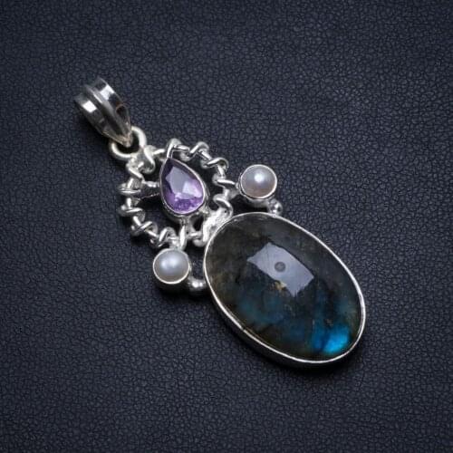 Natural Labradorite,Amethyst and River Pearl Handmade Boho 925 Sterling Silver Pendant 2" T2334