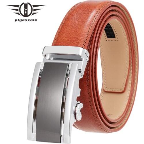 Plyesxale Brand Men Belt Genuine Leather Alloy Buckle Automatic Red Brown Dress Trouser Belt Strap Luxury Fashion Style B524