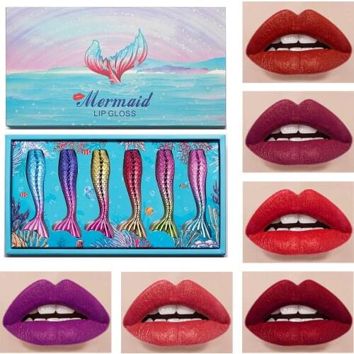6Pcs/set Matte Lip Gloss Set Liquid Lipstick Waterproof Moisturizing Mermaid Lipstick Velvet Lip Tint Kit Beauty Cosmetics Set