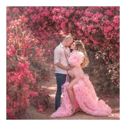New Arrival Pink Tulle Maternity Dresses Puffy Sleeves Ruffles Pleated A line See Thru Plus Size Pregnancy Robes